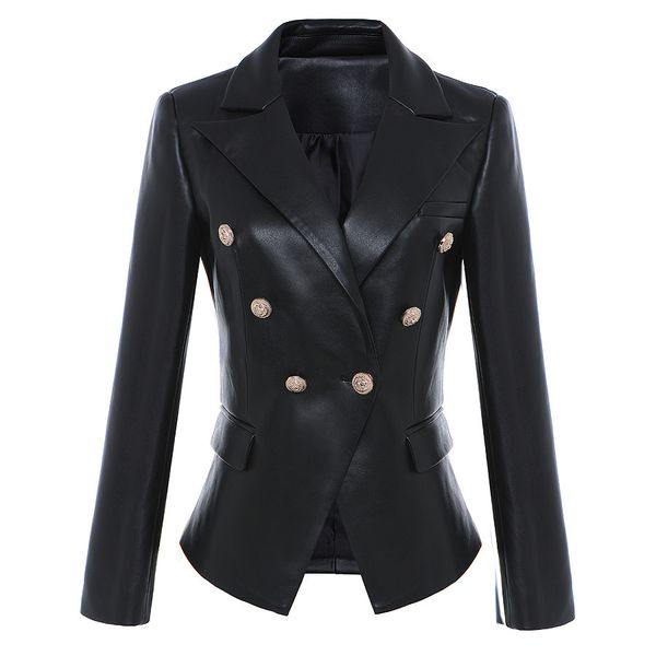 

female msxu cool button leather hem from thin plutonium big size blazer jacket suit, Black;brown