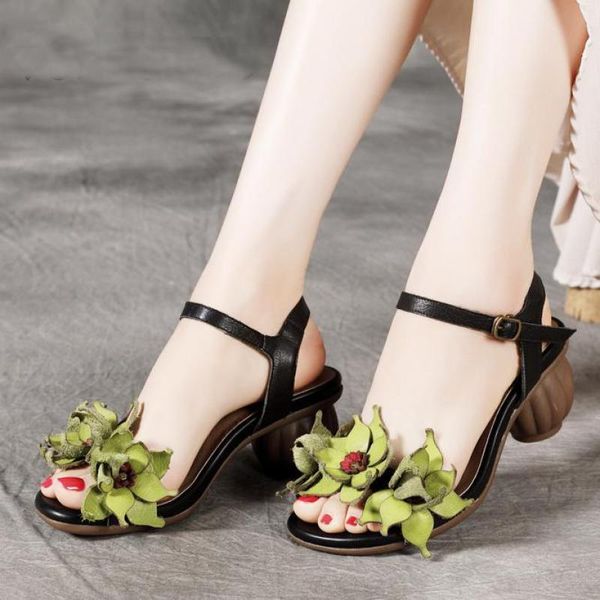 

sandals female retro round heels genuine leather women shoes buckle strap sewing flower 2021 summer casual ladies, Black