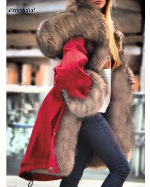 

women's leather & faux 2021 winter coat luxury large fur collar hooded jacket warm lining parker long, Black