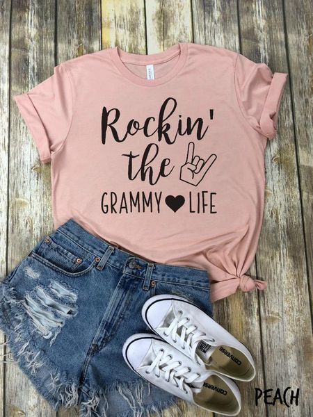 

women's t-shirt 2021 rockin the grammy life funny nana graphic tee rocker grandmother shir grandparent gif rocking grandma shirt, White