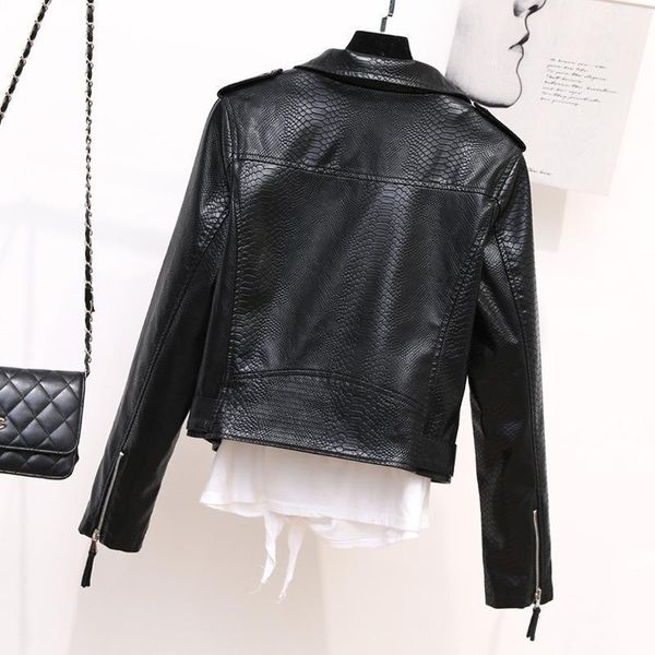 

lapel belt pu leather women's dress autumn jacket shoulder short motorcycle slim coat & faux, Black