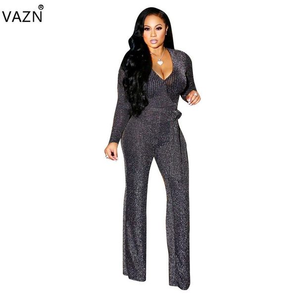 

women's jumpsuits & rompers vazn autumn 2021 fashion women long solid deep v-neck full sleeve lady straight romper cm289, Black;white