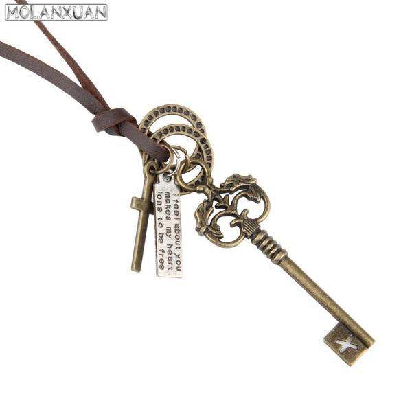 

pendant necklaces european and american folk style retro bronze key necklace casual simple men women cowhide rope, Silver