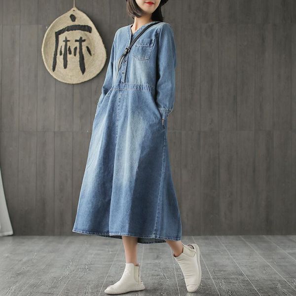 

long denim dress v-neck casual sleeve loose 2021 autumn winter dresses, Black;gray