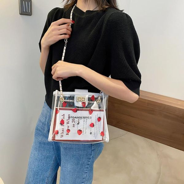 

cross body casual all-match pvc transparent travel handbags fashin women shopper strawberry printing chain shoulder crossbody composite bag