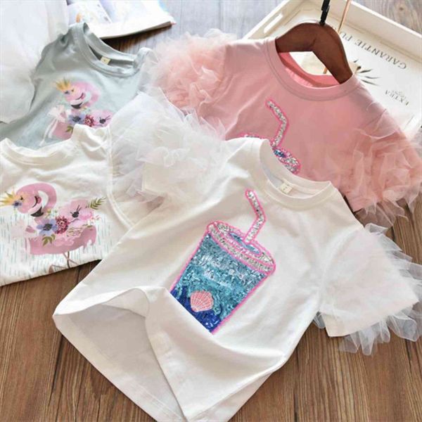 

girls t shirts short sleeve flamingo unicorn print for baby girl summer clothes sequins 3 8yrs kids tees, Blue