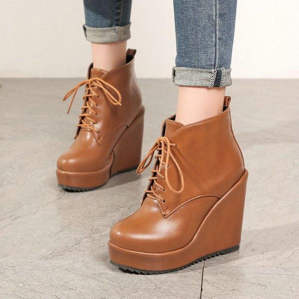 

boots sianie tianie winter warm thick plush fur lined lace-up platform shoes wedges high heels russian women ankle snow, Black