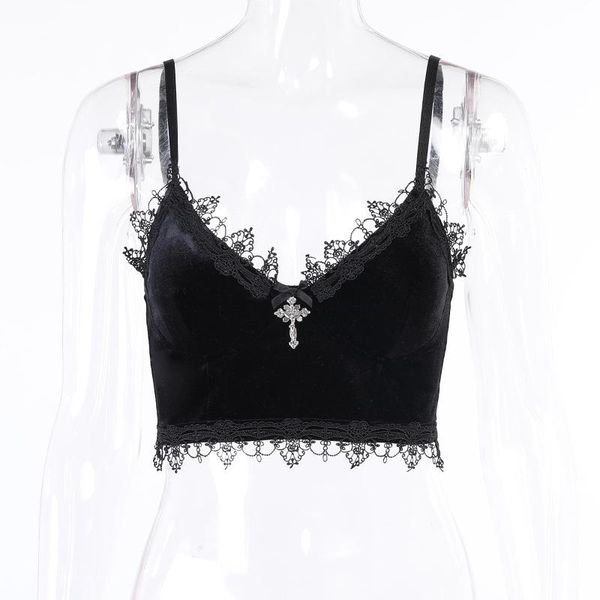 

women's tanks & camis summer fashion slim gothic style patchwork lace cross backless woman casual spaghetti strap skinny lady crop top, White