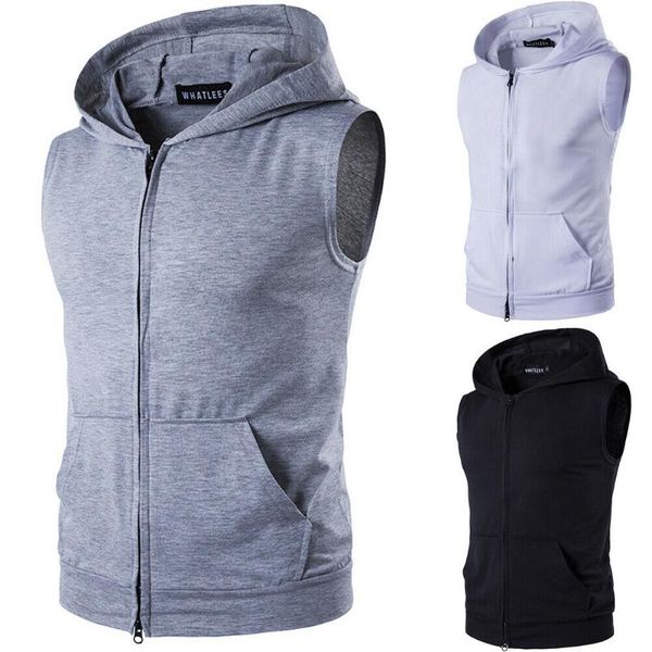 

men's vests mens slim fit sleeveless shirts hooded zipper plain color muscle hoodie casual basic thin jacket, Black;white
