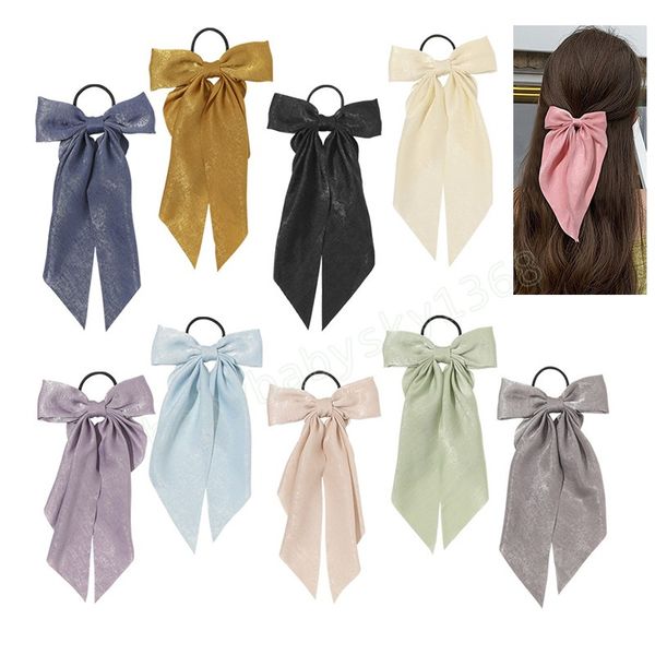 

big bowknot satin hair rope solid color bow scrunchies women streamer long ribbon ponytail rubber bands for women, Slivery;white