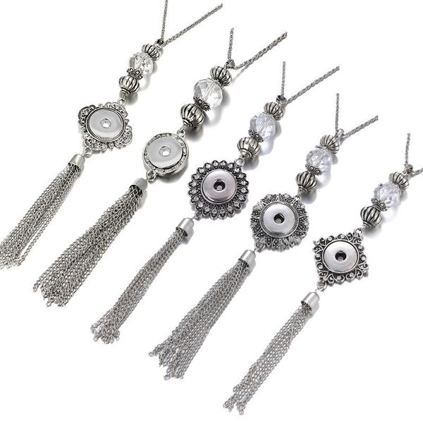 

pendant necklaces flowers round long chain crystal tassel necklace for women winter sweater snap fit 18mm buttons jewelry, Silver