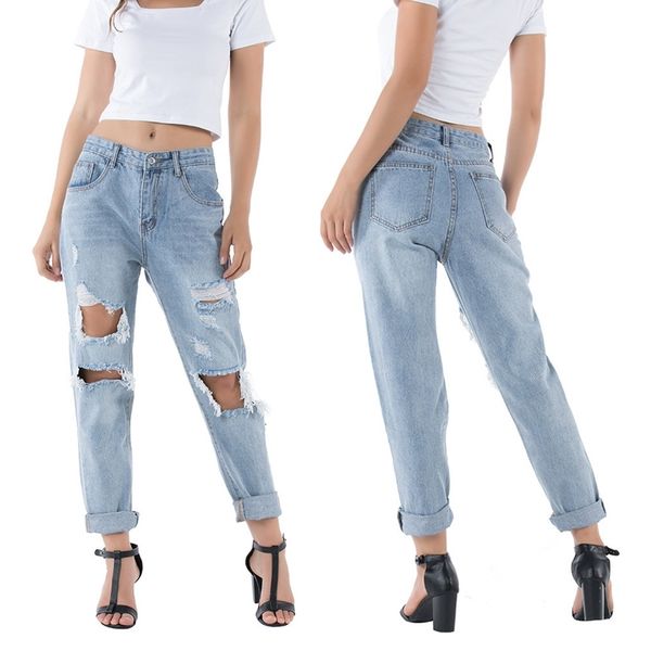 

women's jeans straight women loose pants vintage distressed tassel ripped hole denim trousers streetwear txew, Blue