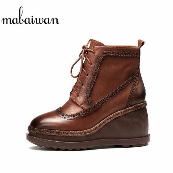 

boots mabaiwan brogue ankle for women platform genuine leather lace up wedge high heels shoes winter retro motorcycle, Black