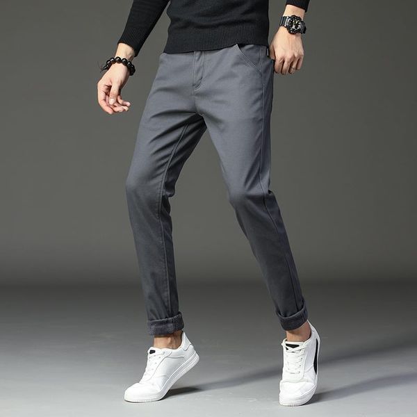 

men's pants 2021 autumn and winter plus velvet thick straight casual slim feet black gray all-match stretch