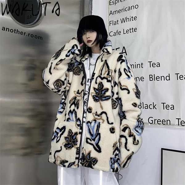 

women's jackets wakuta winter thicken coat harajuku street chic dark print coats and casual loose 2021 autumn fleece clothes for women, Black;brown