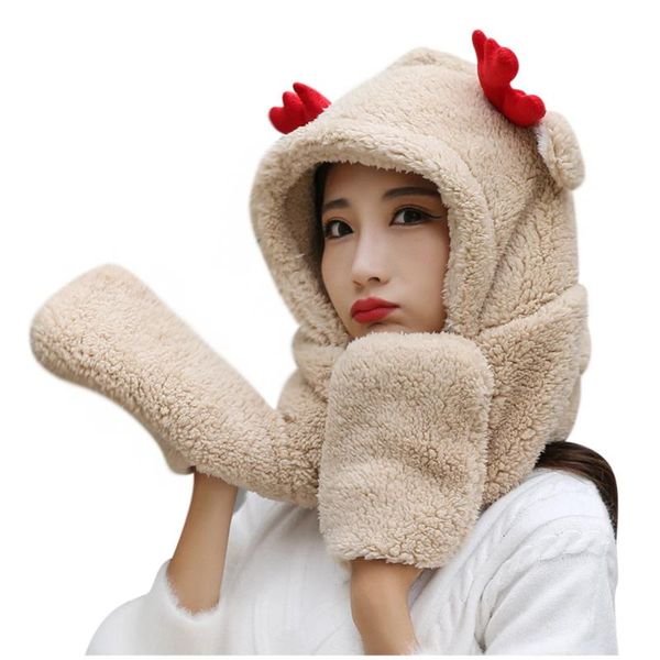 

scarves red elk ear hat scarf gloves set winter women novelty caps warm casual plush hats solid fleece girl kawaii accessories, Blue;gray