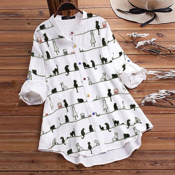 

women's blouses & shirts cotton linen women blouse elegant v neck long sleeve shirt casual autumn cat print vintage blusas chemise fem, White