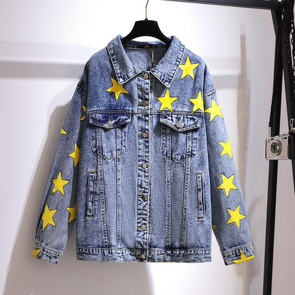 

[ewq] 2021 spring female turn down collar single breasted plus size panelled star print denim jacket cardigan coat 16w301 women's jacke, Black;brown