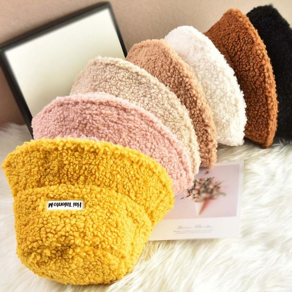 

wide brim hats lamb wool faux fur bucket hat winter warm teddy velvet for women lady thicken bob panama outdoor fisherman caps, Blue;gray
