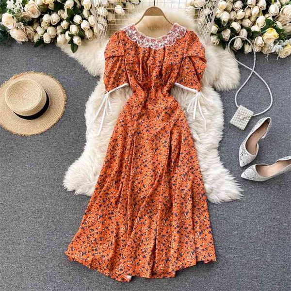 

lady fashion court a-line dress women round neck short sleeve high waist thin lace vintage korean clothes vestidos q484 210527, Black;gray