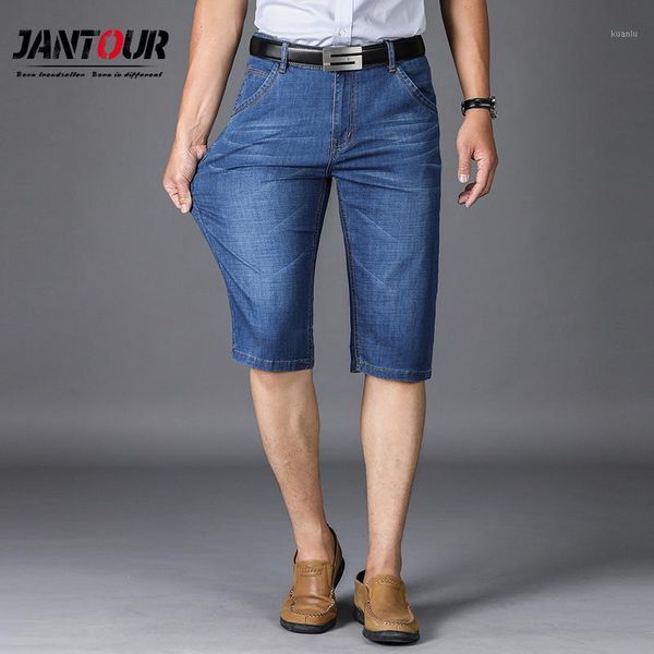 

men's jeans jantour summer high-quality cotton stretch straight leg lightweight denim shorts men trendy blue thin cropped 40 42