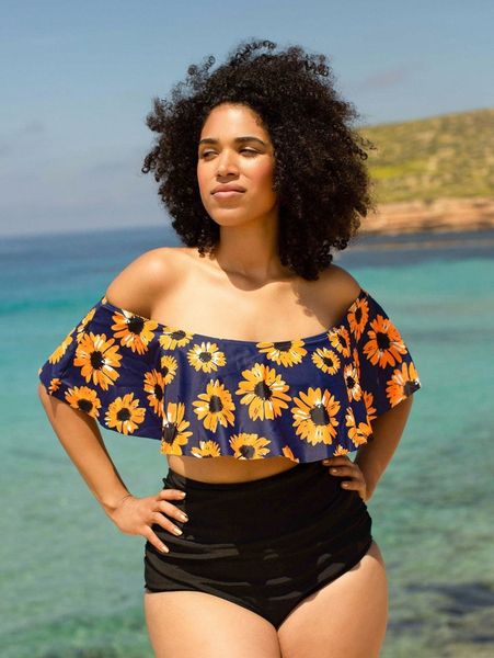 

plus floral flounce bardot high waisted bikini swimsuit 14rd#, Black