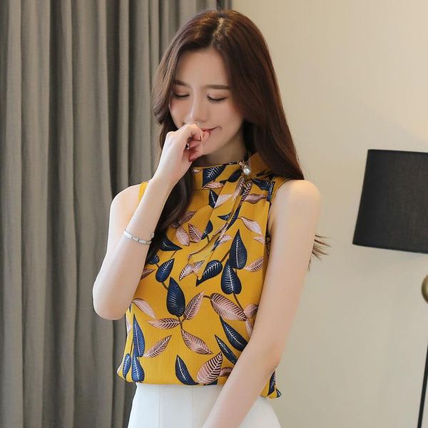 

women spring summer style chiffon blouses shirts lady casual sleeveless stand collar leaf printed blusas df2932 women's &, White