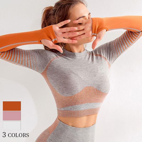 

yoga outfits 3 color gradient shirts sports tights fast dry fitness running navel seamless long sleeve t-shirt for women gym, White;red