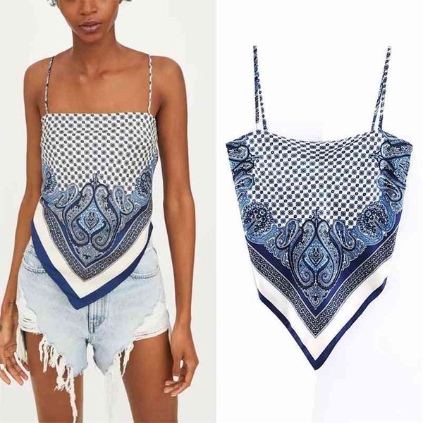 

summer vintage camis tank print za sleeveless back bow tie female fashion off shoulder clothing 210513, White