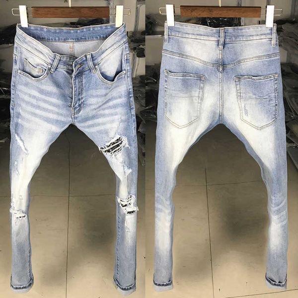 

men's jeans american street style fashion retro light blue elastic slim fit ripped patches designer hip hop punk pants zm8r