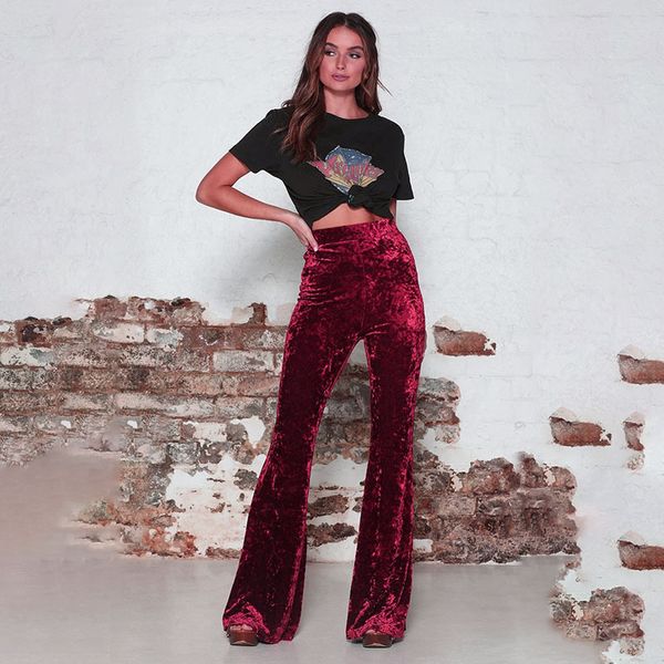 Pantaloni lunghi a vita alta in velluto casual Pantaloni a gamba larga a zampa d'elefante Nero Rosso Streetwear Aderenti a figura intera Pantaloni eleganti da donna Donna 210507