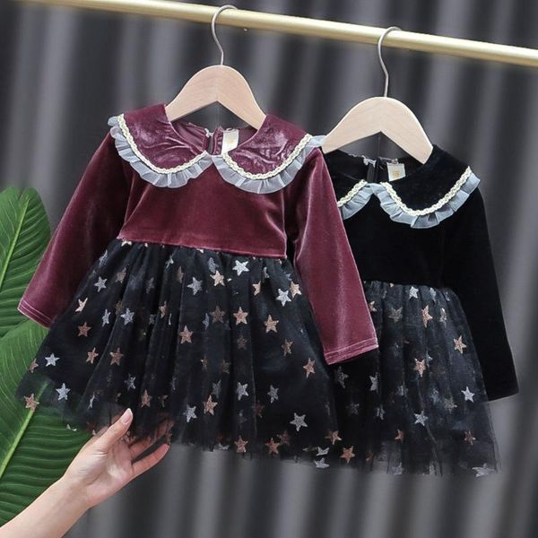 

girl's dresses fashion spring autumn girls kids princess long sleeve star mesh patchwork children baby infants party dress, Red;yellow