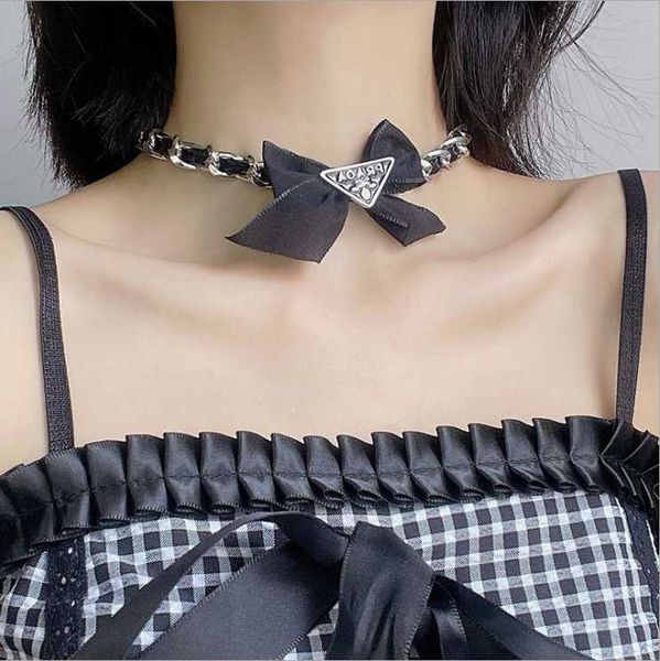 

chains metal leather belt braided necklace bowknot triangle pendant retro short clavicle chain, Silver