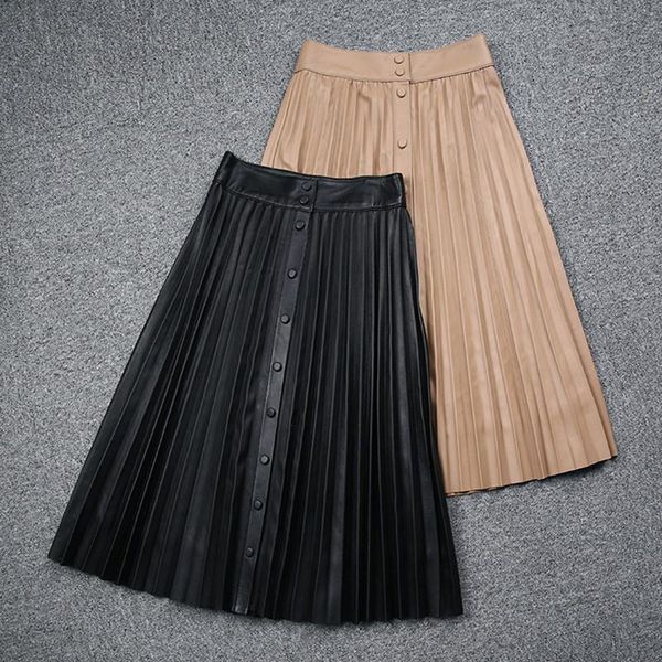 

skirts 2021 style women fashion long genuine leather button pleated skirt, Black