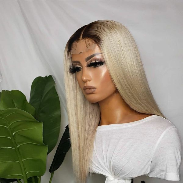 

ombre 1b613 long straight middle part lace frontal synthetic hair wig with baby hair preplucked heat resistant for women, Black