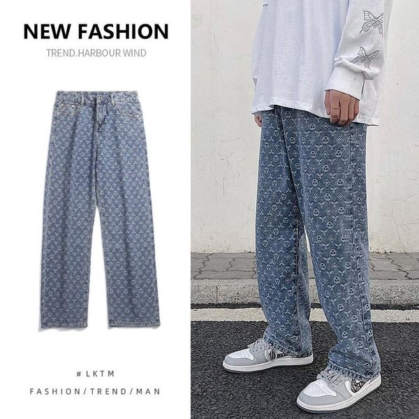 

men's jeans autumn winter european american retro jacquard men thin ins street trendy brand straight wide loose leg pants drop fashion, Blue