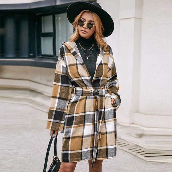 

women's wool & blends fashion loose outwear women 2021 autumn long-sleeved stripe hooded warm ladies coat vintage plaid casual street f, Black