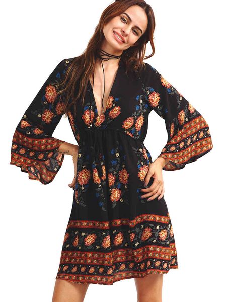 

black summer women floral print long sleeve deep v neck female loose bohemian above knee high waist beach, Black;gray