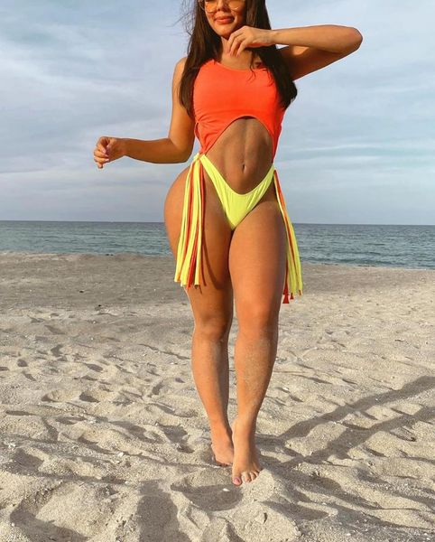 

women's swimwear cikini 2021 spring solid color one piece swimsuit contrast tassel dexy fashion, White;black