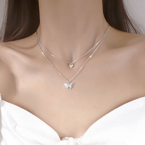 

women's double 2021 layer butterfly in fashionable geometric chain niche design simple necklace, Silver