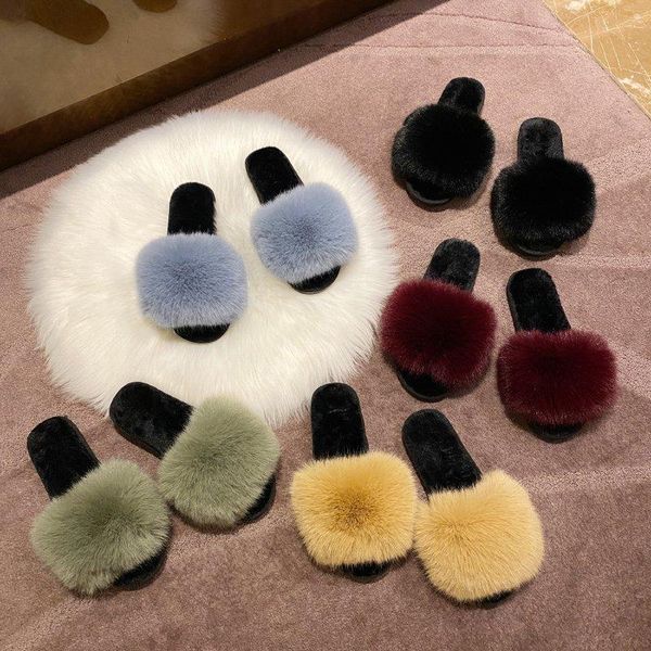 

fashion women slippers vacation comfortable convenient faux fur ladies solid color plush warm woman flat shoes furry, Black