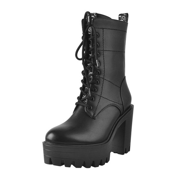 

dress shoes onlymaker plataforma botas rendas-up tornozelo dedo do pÃ© redondo fosco preto zÃ­per quadrado grosso salto alto booties phxz, Black