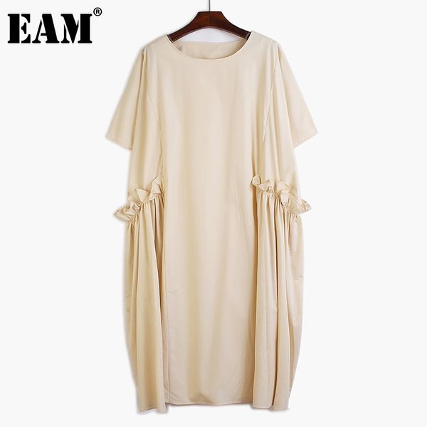 

[eam] women edible tree fungus pleated pockets dress round neck short sleeve loose fit fashion spring summer 1dd8202 21512, Black;gray