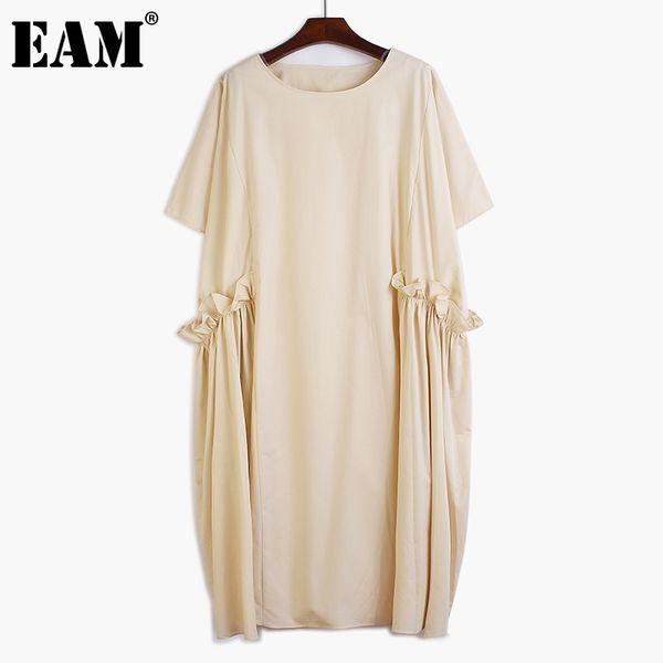 [Eam] Mulheres Comestíveis Fungo Fungo Plissado Pockets Dress Round Neck Manga Curta Loose Fit Moda Primavera Verão 1d8202 21512