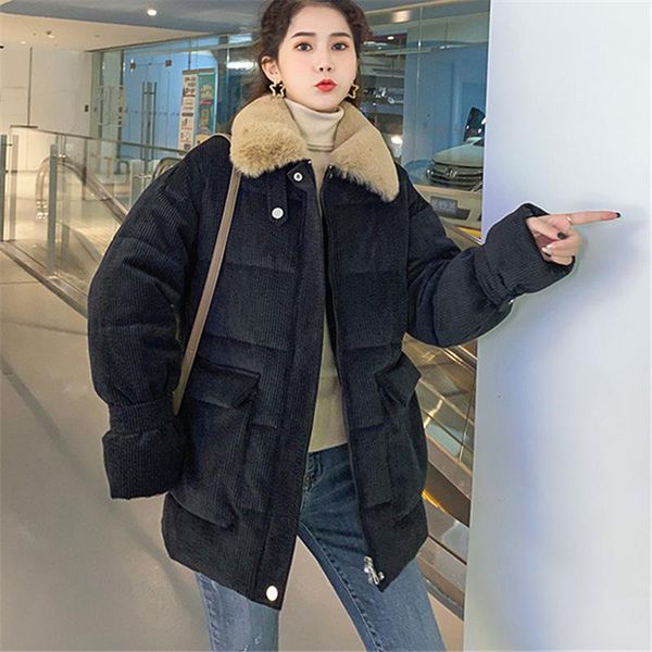 

women's down & parkas short cotton-padded jacket winter fashion corduroy fur collar long sleeves loose and thick warm coat trendy 2191, Black
