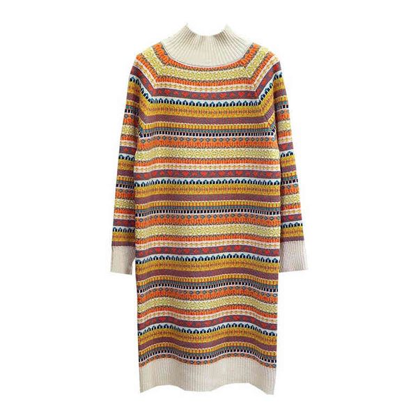 

khaki geometric knitted sweater dress loose long sleeve mini short winter autumn stand collar d0880 210514, Black;gray