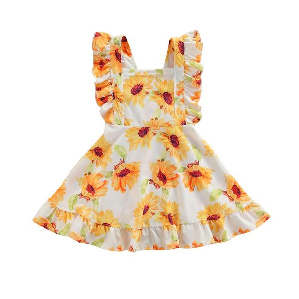 

girl's dresses kids dress, girls sunflower print square collar sleeve ruffled princess gown for summer, yellow, 2-7 years, Red;yellow