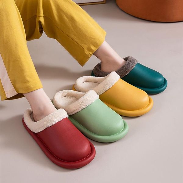 

slippers winter bathroom upper waterproof women fur detachable warm plush bedroom couples shoes solid ladies furry slides, Black