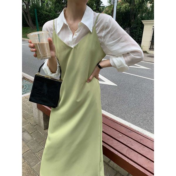 

yifu 2021 autumn korean version loose medium length vest skirt v-neck sleeveless overlapping suspender dress women 1130, White