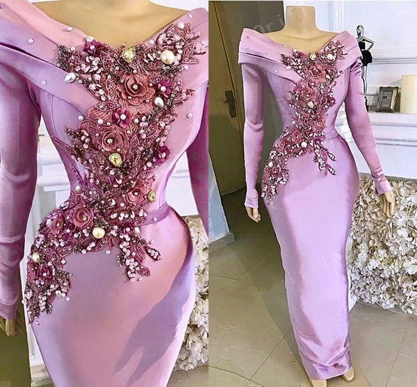 Desinger Helllila Lavendel Meerjungfrau Abendkleider 2021 Lange Ärmel Satin Blumen Spitze Aso Ebi Abschlussball-Partykleid Formelle Kleidung